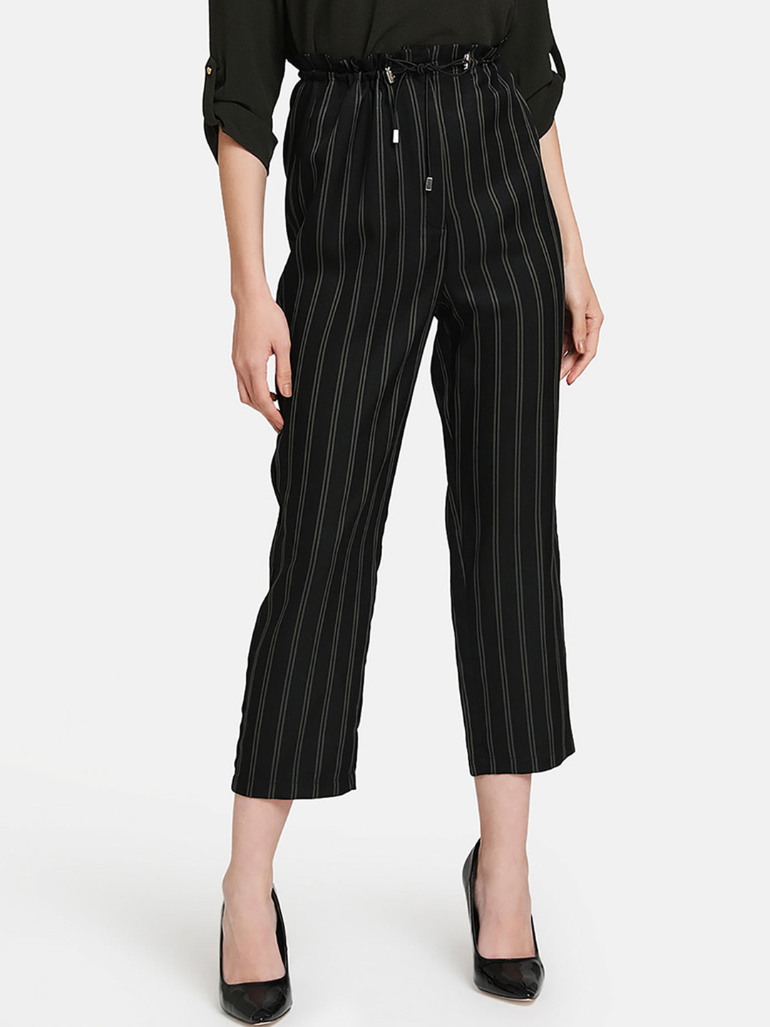 Kazo Women Black Loose Fit Striped Cropped Peg Trousers