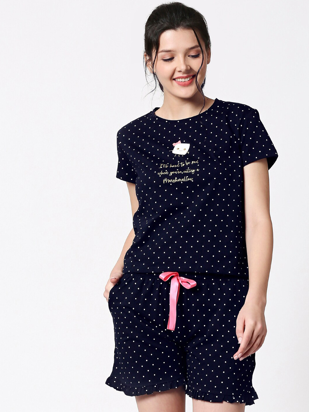 I like me Women Navy Blue & White Printed Night suit