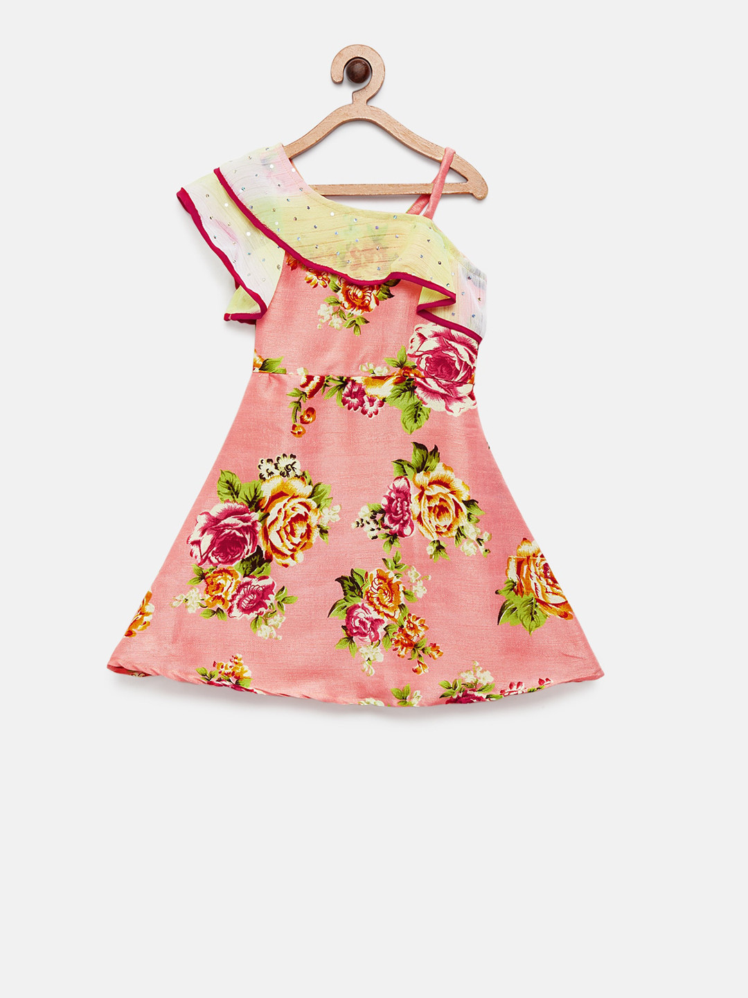 MANY FROCKS & Girls Pink & Yellow Printed A-Line One Shoulder Dress