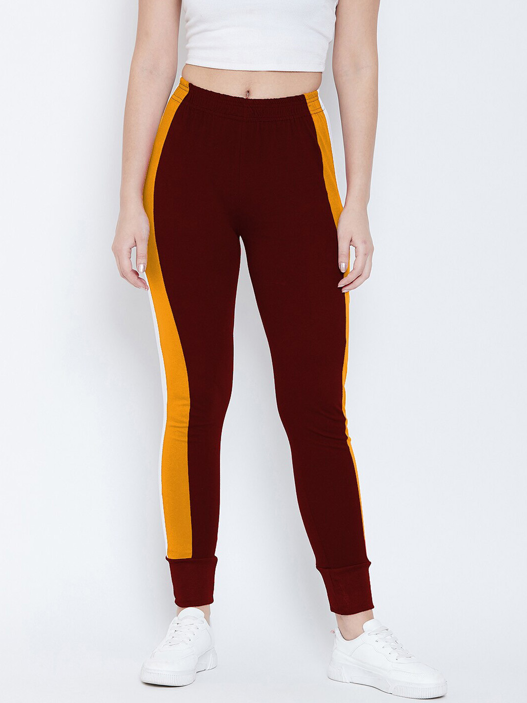 CHROME & CORAL Women Maroon & Yellow Colourblocked Slim-Fit Joggers