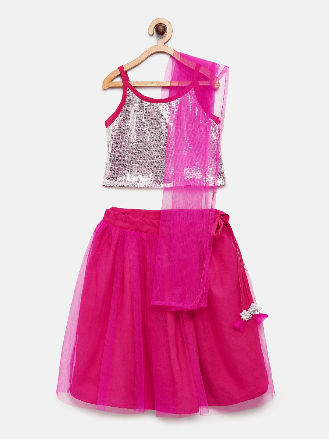 MANY FROCKS & Girls Pink & Silver-Toned Embellished Top with Skirt & Dupatta