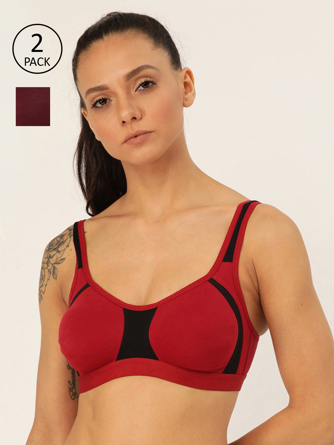 Lady Lyka Red & Burgundy Colourblocked Non-Wired Non Padded Workout Bra