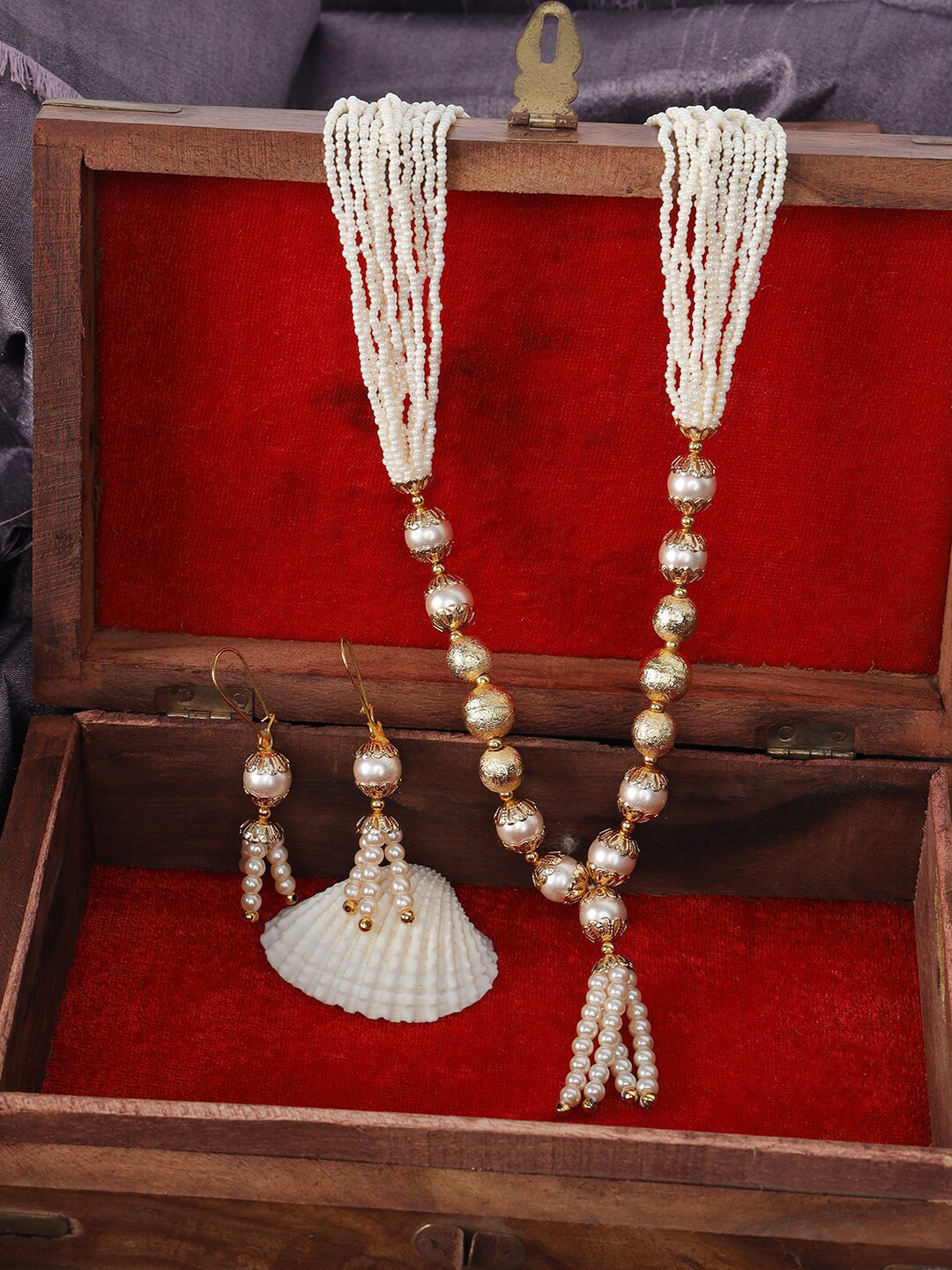 ANIKAS CREATION Gold-Plated & White Pearls Beaded Handcrafted Traditional Multi Strand Choker Jewellery Set