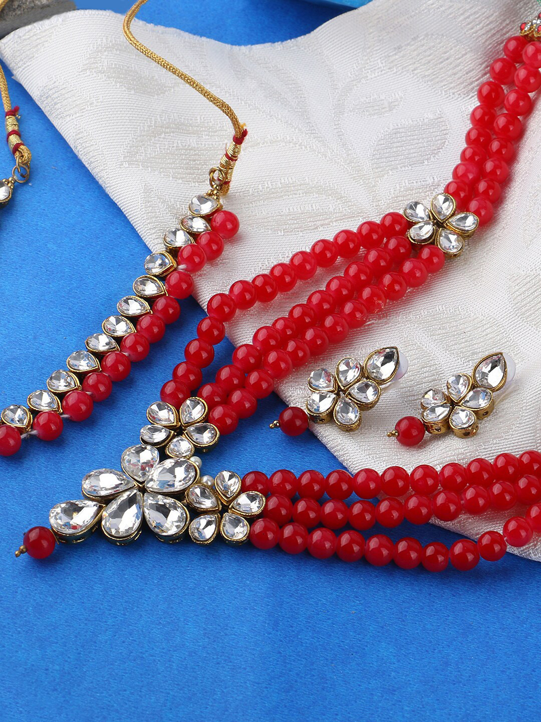 ANIKAS CREATION Gold-Plated Red & White Kundan-Studded & Beaded Multi-Stranded Jadau Jewellery Set