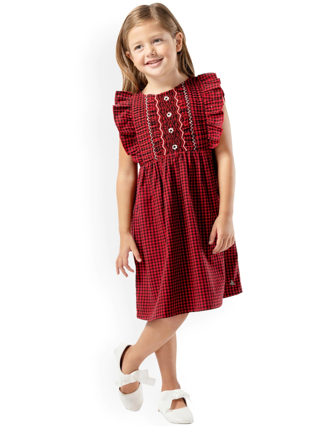 Cherry Crumble Girls Red & Black Checked Fit and Flare Dress
