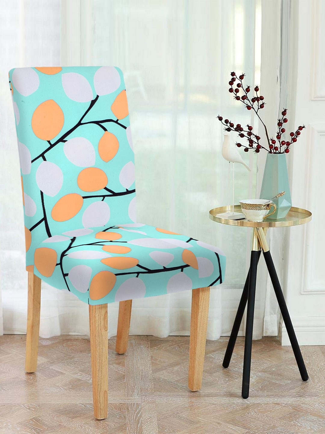 Cortina Set of 4 Sea-Green & Orange Printed Chair Seat Covers