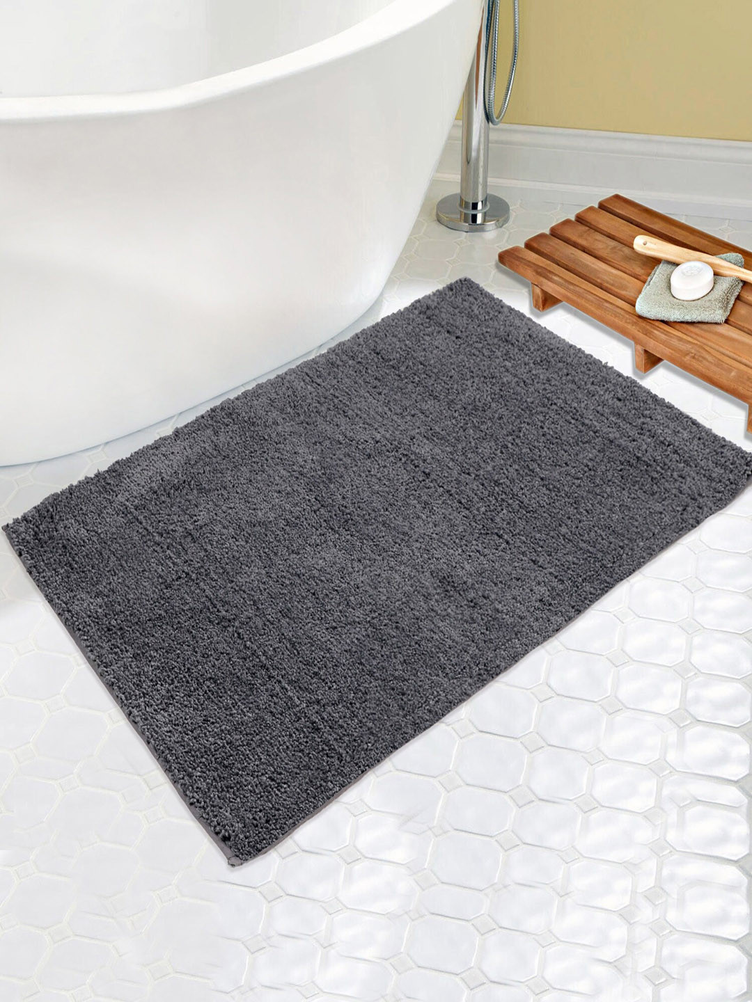 Saral Home Charcoal Grey Solid Microfibre Anti-Skid Bath Rug