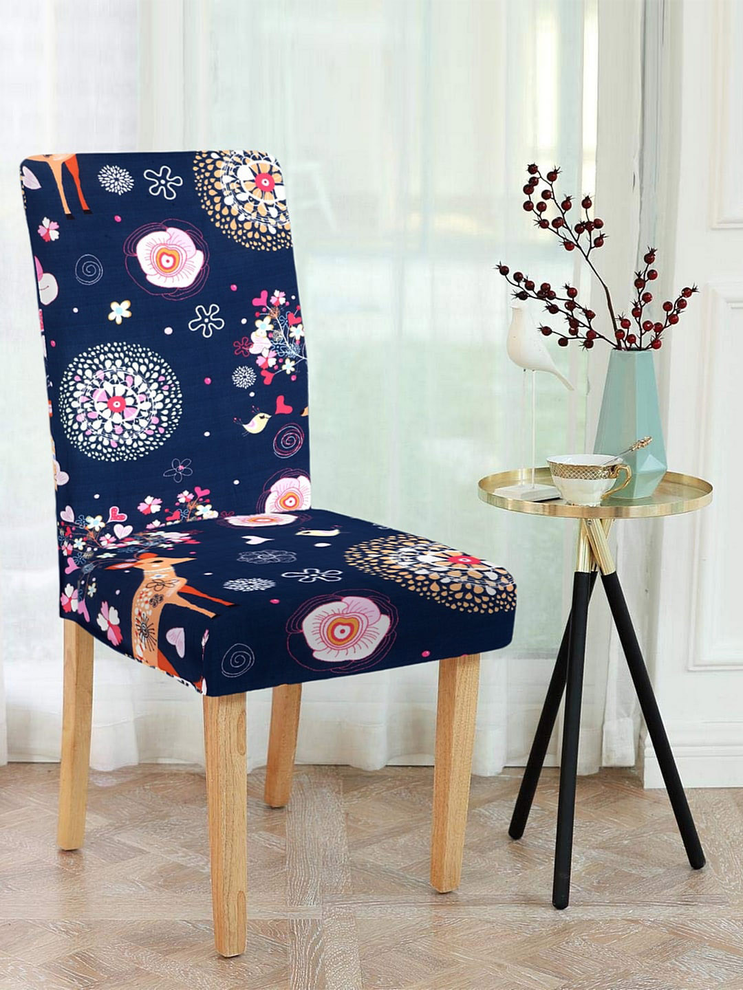 Cortina Set Of 4 Navy Blue & Pink Printed Chair Covers