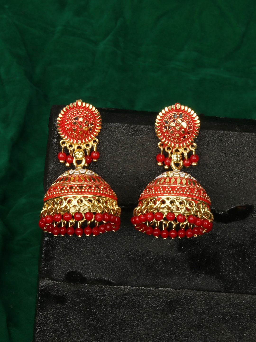 ANIKAS CREATION Orange & Gold Dome Shaped Jhumkas
