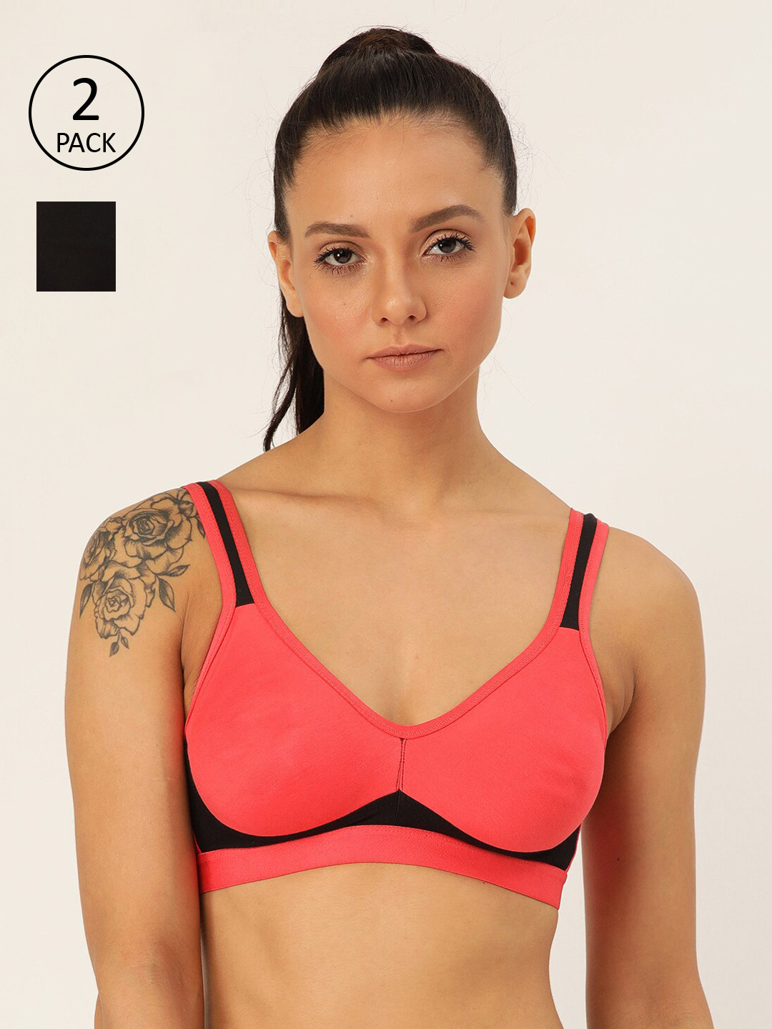 Lady Lyka Pack Of 2 Peach-Coloured & Black Non-Wired Non Padded Workout Bras YOUNGSTER-02