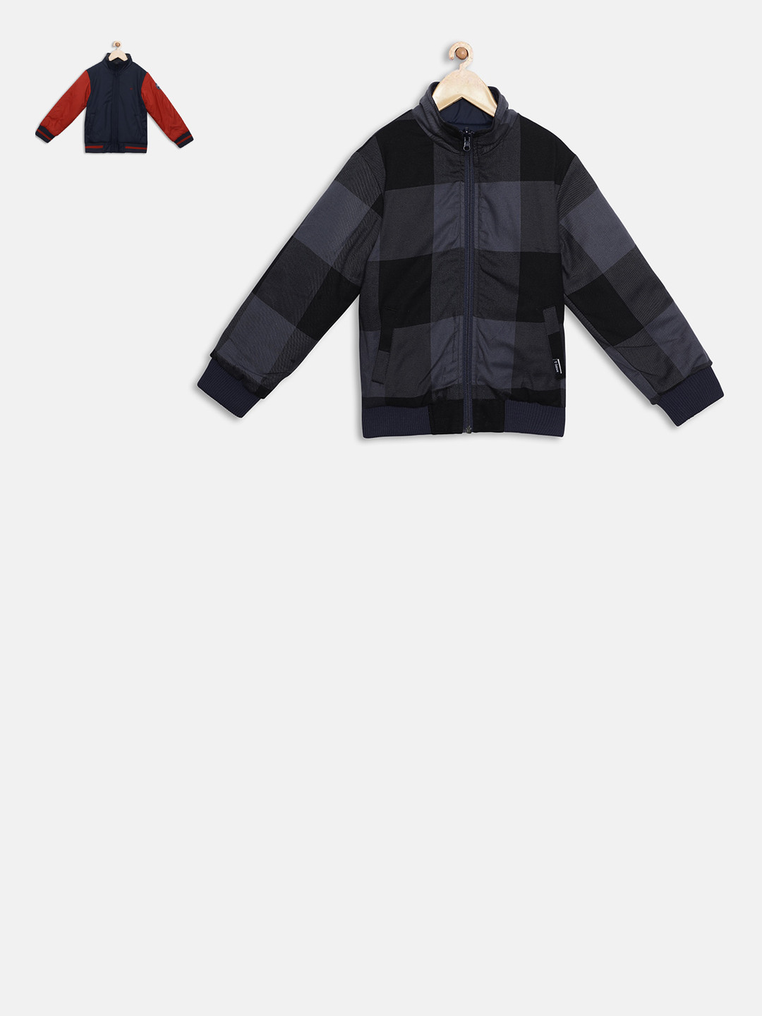 t-base Unisex Kids Navy Blue Checked Reversible Bomber Jacket