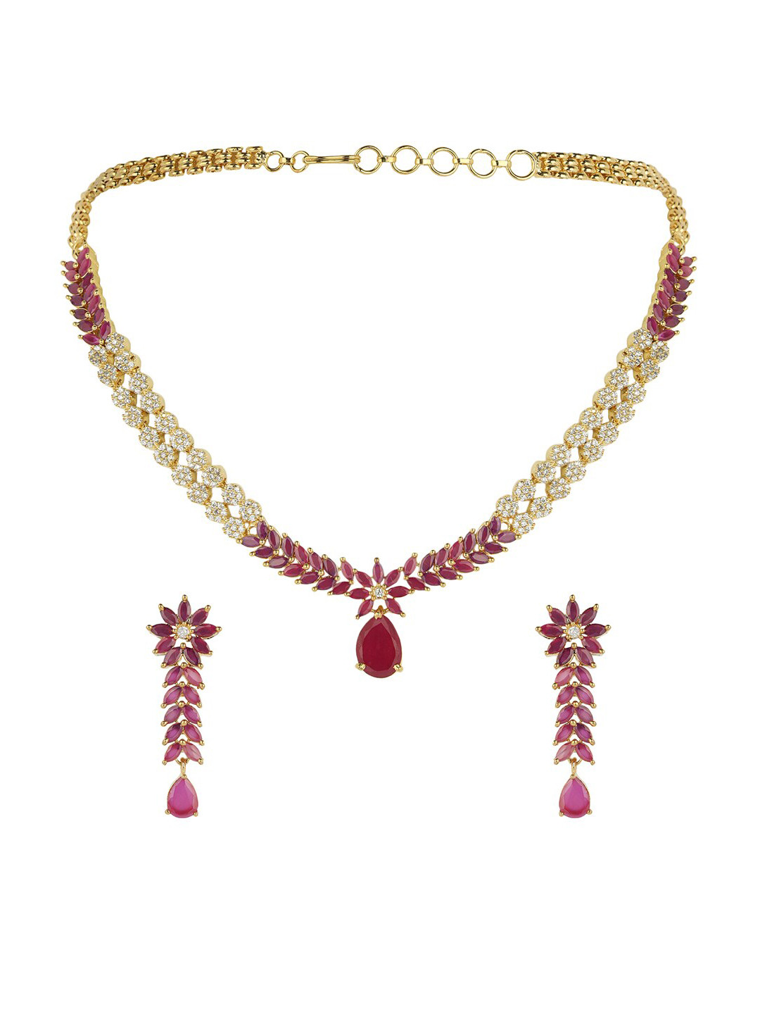 ANIKAS CREATION Gold-Plated Magenta & White American Diamond Studded Jadau Jewellery set