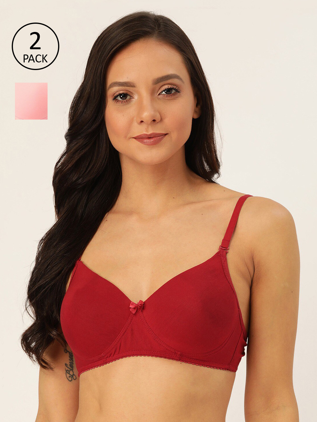 Lady Lyka Pack Of 2 Solid Non-Wired Lightly Padded T-shirt Bra WHITE-ROSE-MRN-PNK-Multi