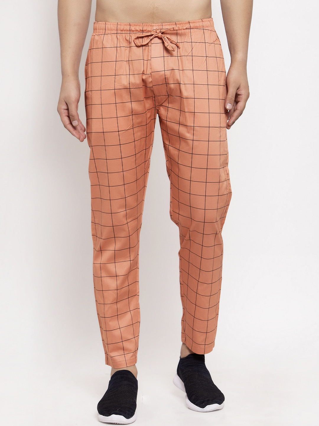 JAINISH Men Orange & Black Checked Lounge Pants