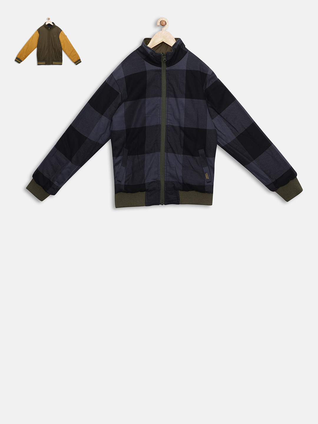 t-base Kids Olive Green & Grey Checked Reversible Bomber