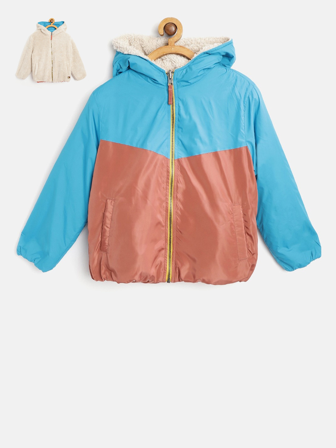 Cherry Crumble Boys Blue & Orange Colourblocked Reversible Jacket