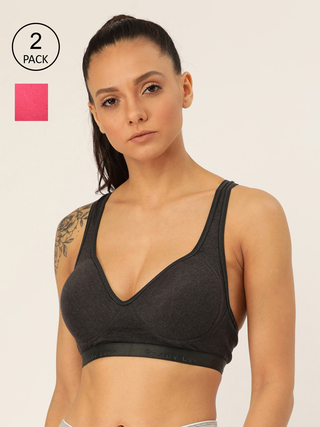 Lady Lyka Black & Fuchsia Pack of 2 Solid Workout Bra PROVOGUE