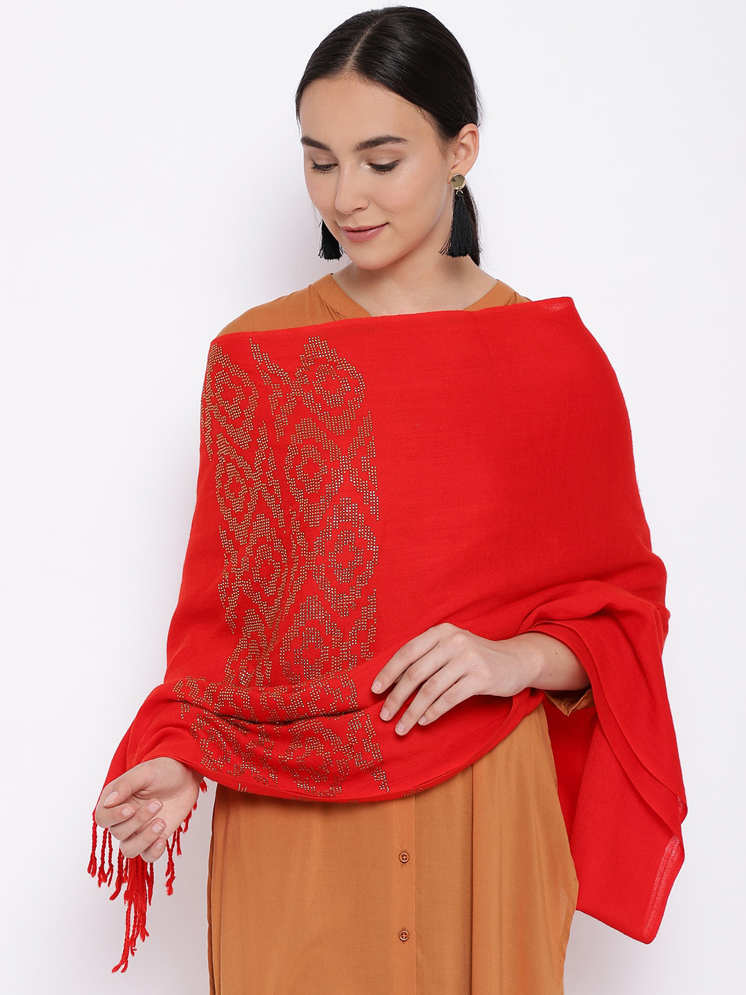 Pashmoda Women Red Embellished Pure Wool Design Stole