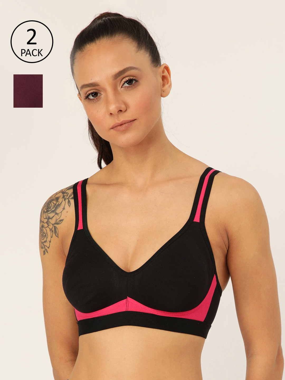 Lady Lyka Pack Of 2 Black & Purple Solid Non-Wired Non Padded Beginners Bra YOUNGSTER-02