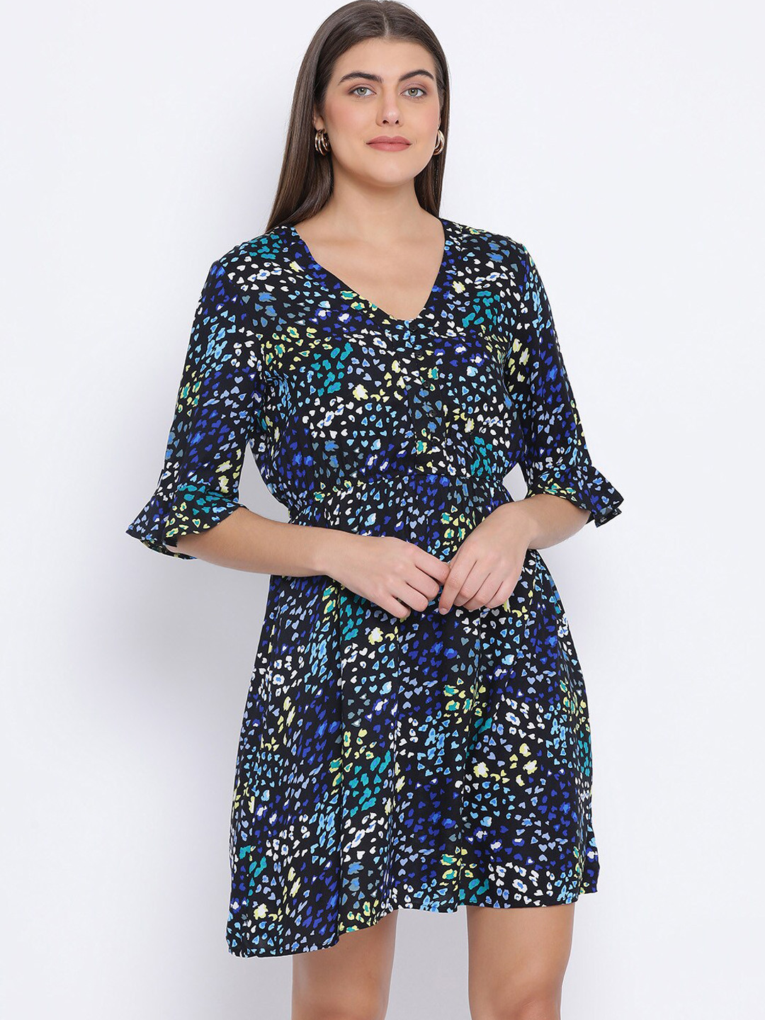 Oxolloxo Women Navy Blue & Yellow Printed Wrap Dress