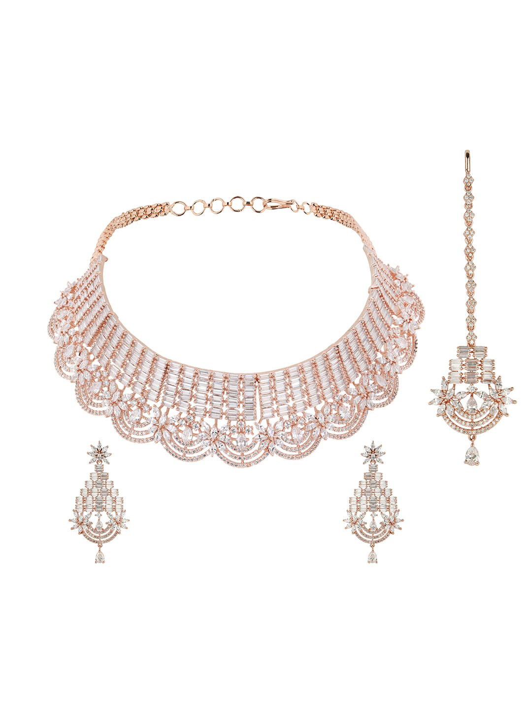 ANIKAS CREATION Rose Gold-Plated & White American Diamond Studded Jadau Designer Jewellery Set