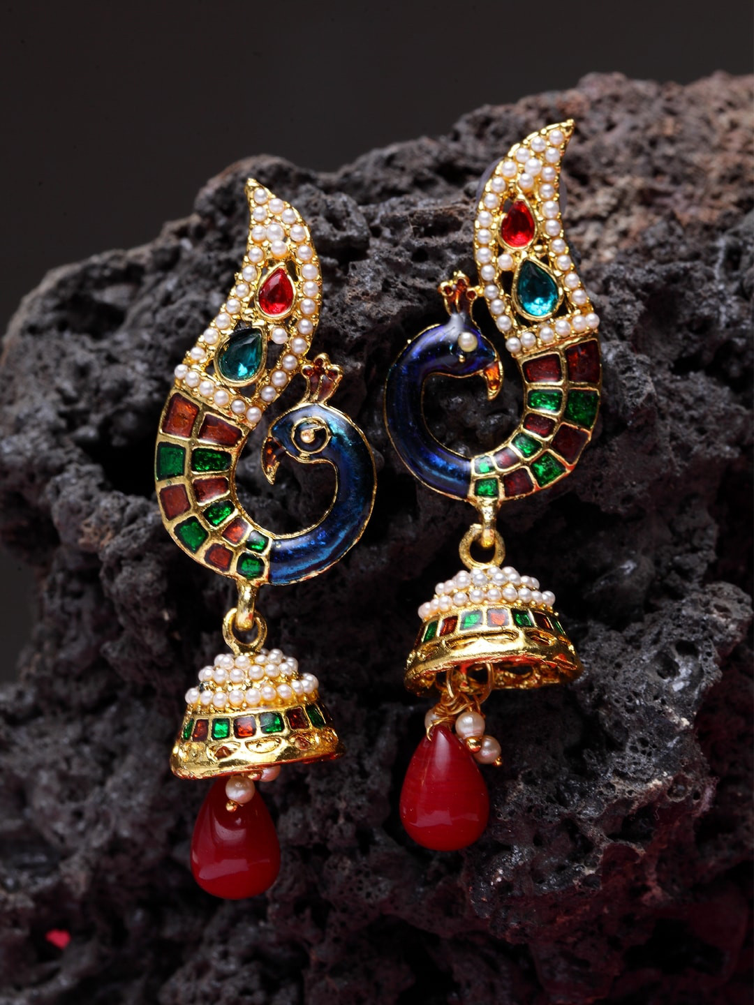 ANIKAS CREATION Gold-Plated & White Peacock Shaped Jhumkas