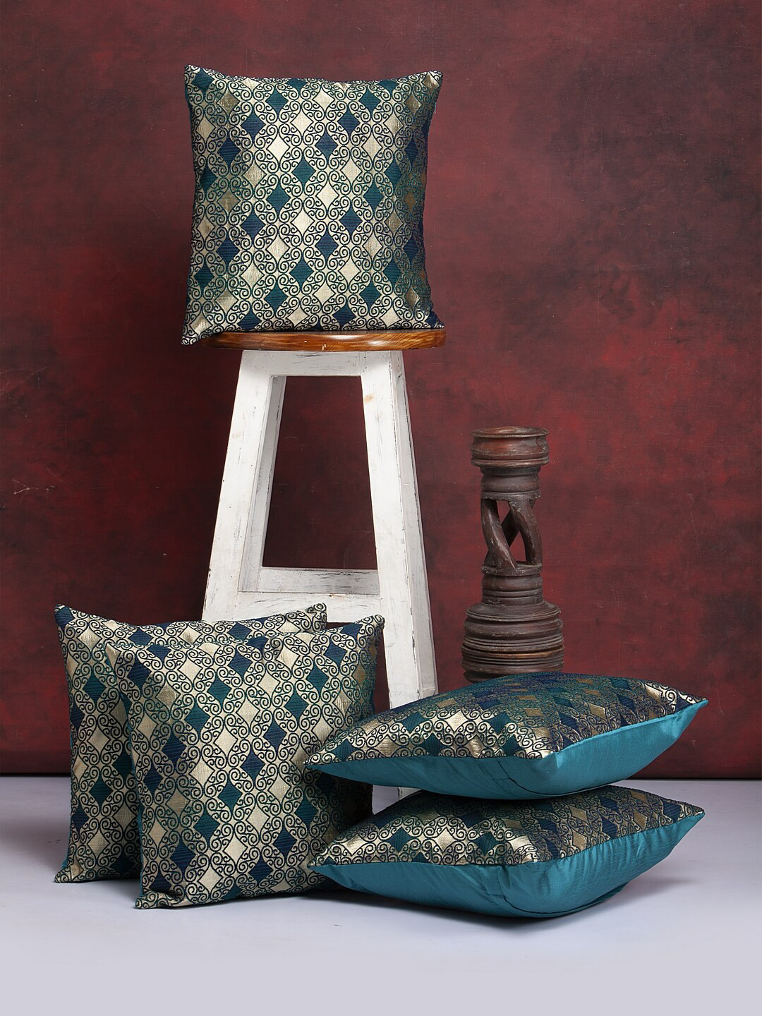 Alina decor Green & Gold Set of 5 Self Design Square Cushion Covers