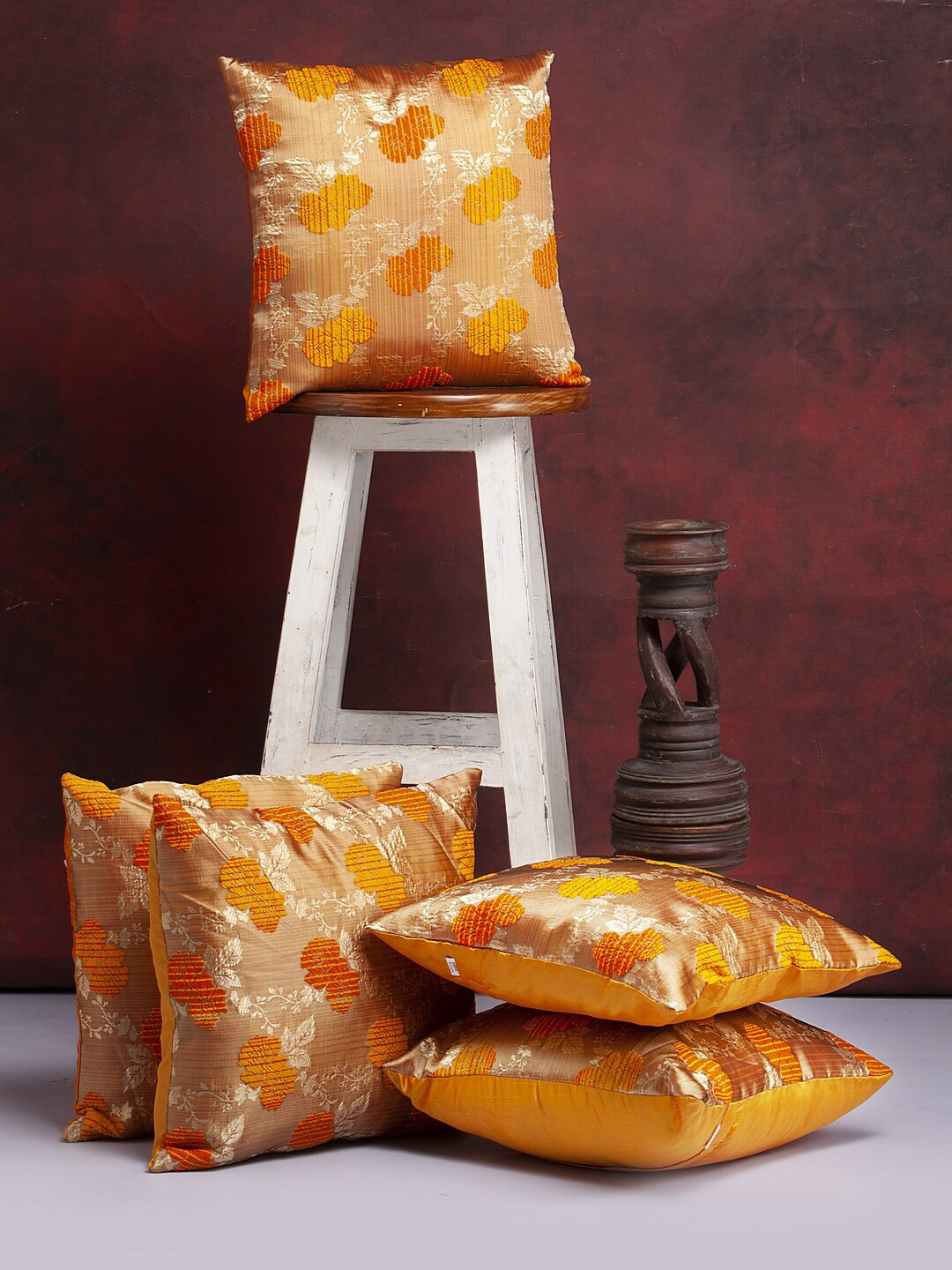Alina decor Yellow & Gold-Toned Set of 5 Embroidered Square Cushion Covers