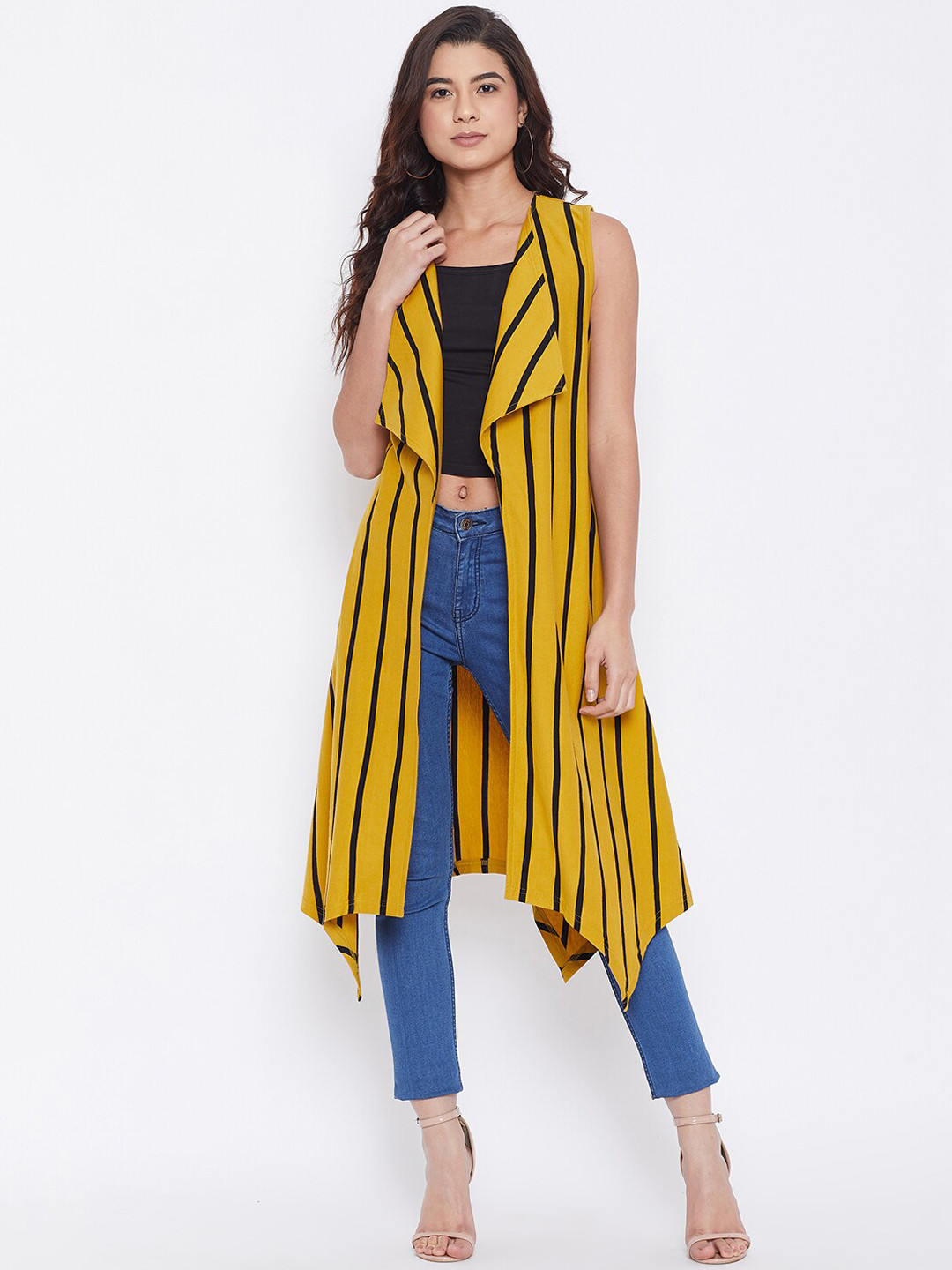 Hypernation Women Yellow & Black Striped Open Front Shrug