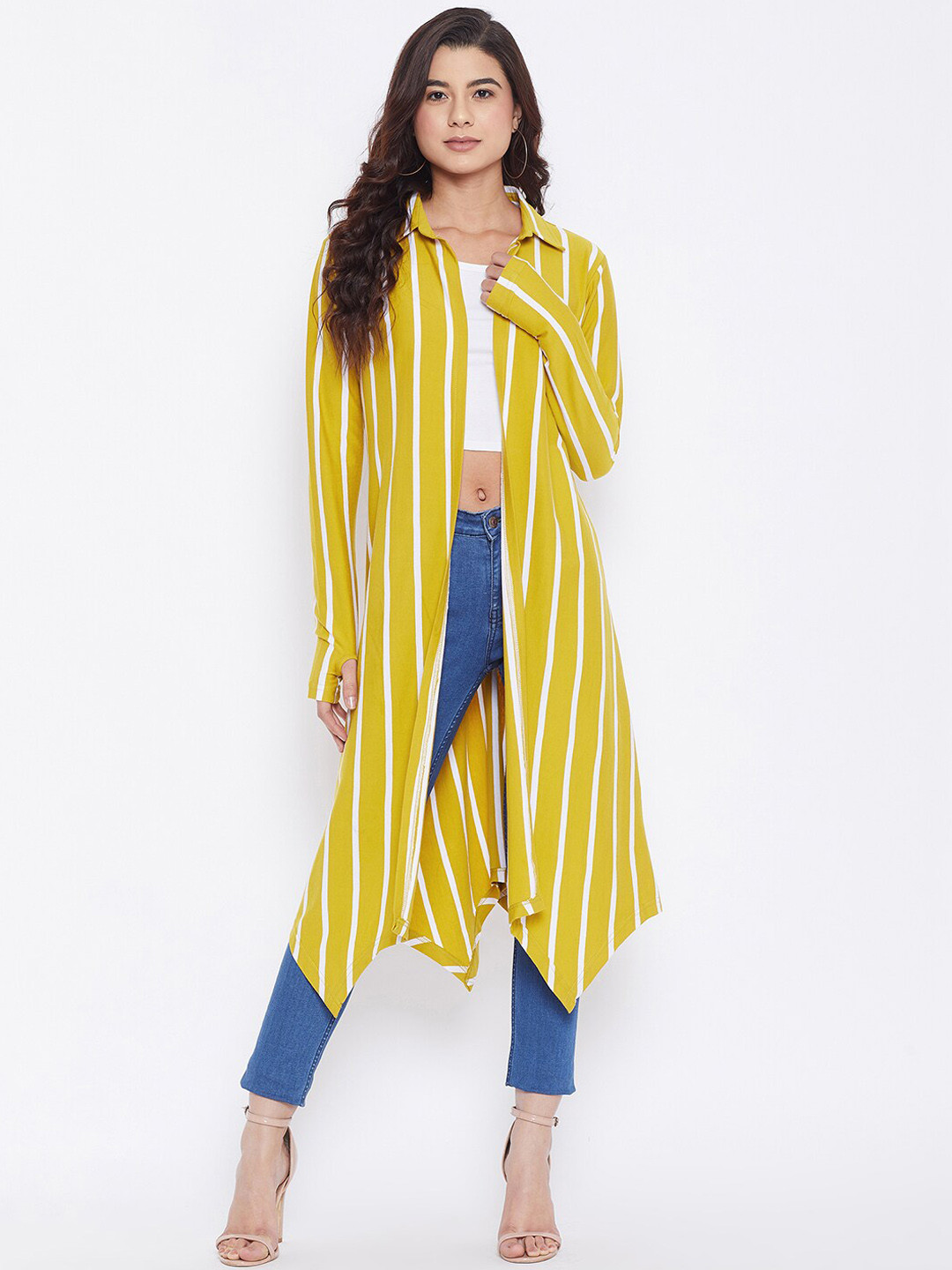 Hypernation Women Yellow & White Striped Open-Front Shrug