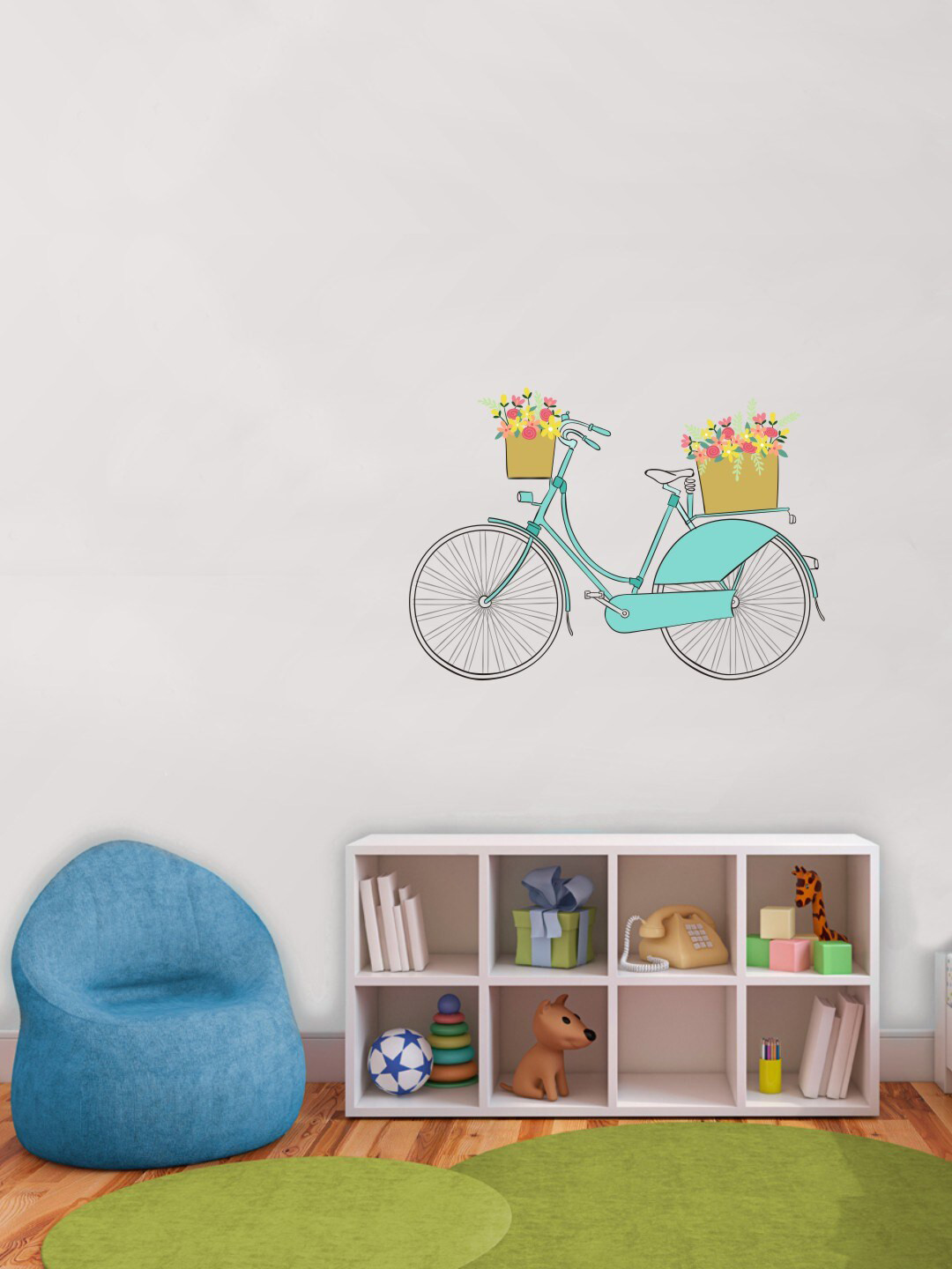 rawpockets White & Yellow Cycle n Flower Baskets PVC Vinyl Wall Stickers