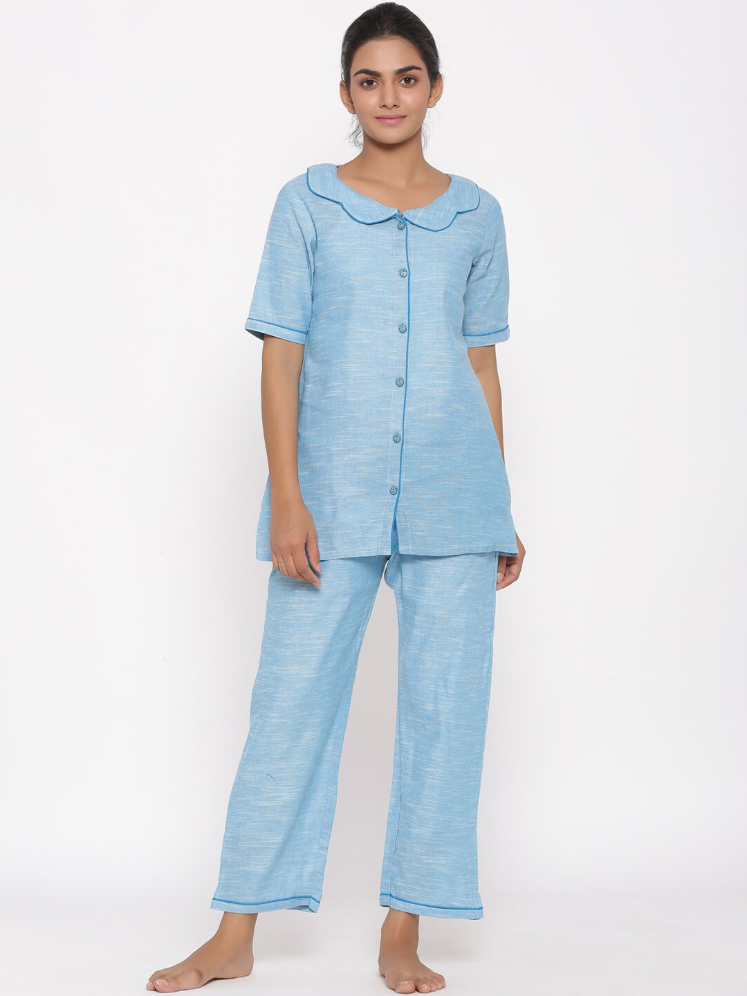 Fabriko Women Blue Self Design Night Suit