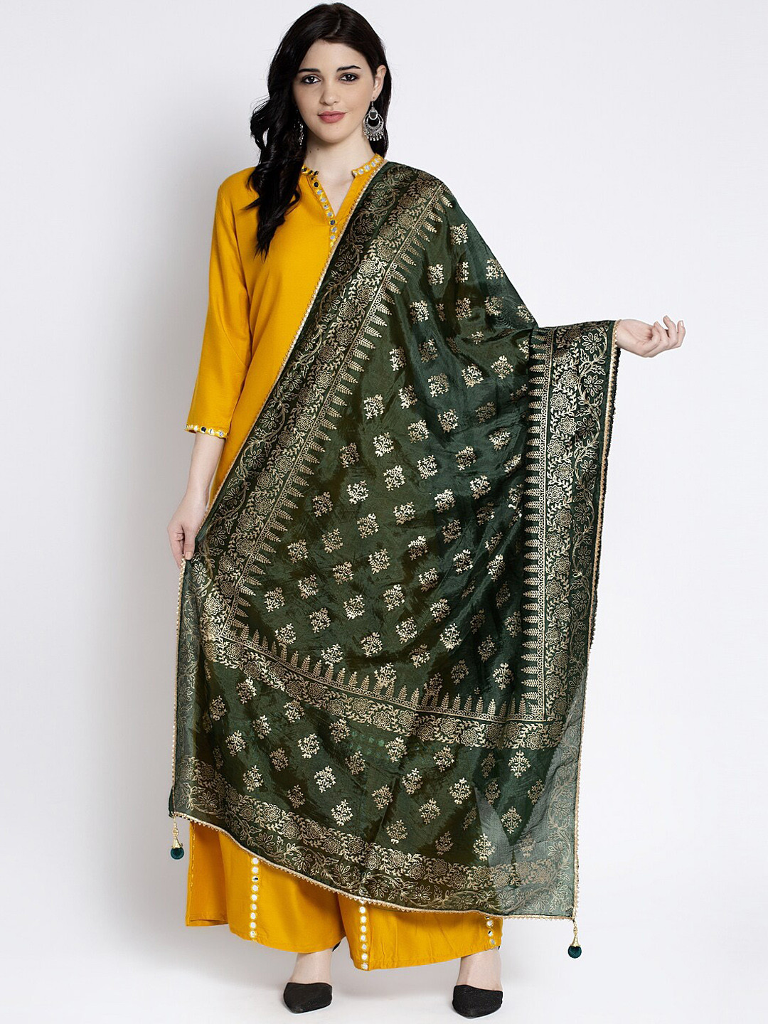 Clora Creation Green & Gold-Colored Printed Silk Dupatta