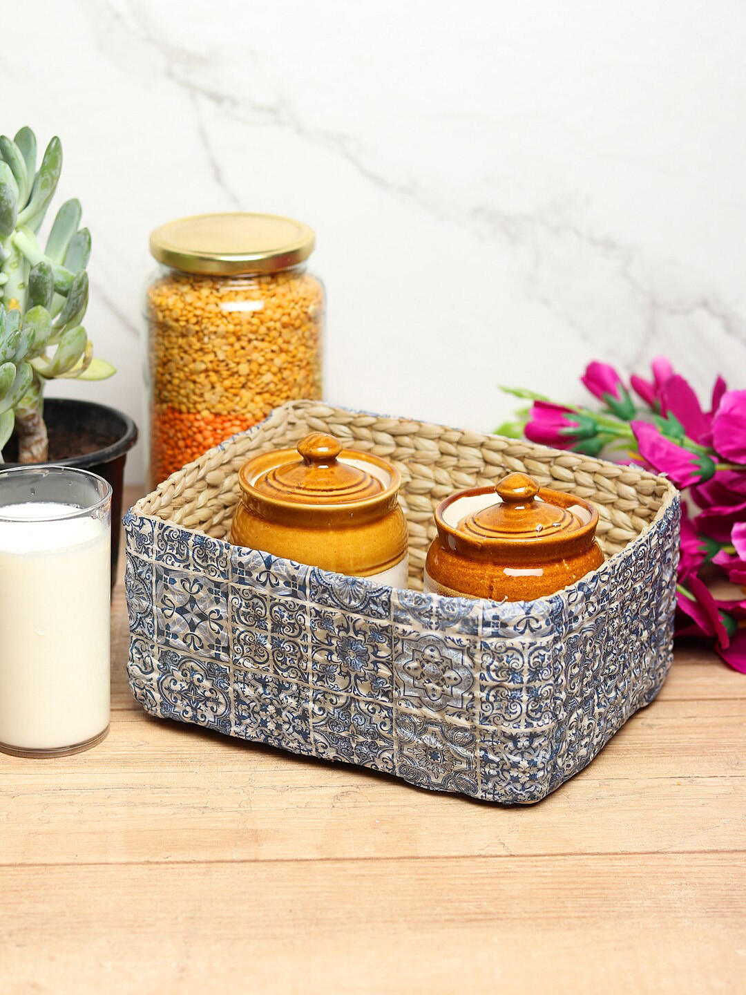 HABERE INDIA Blue & White Printed Straw Handmade Tray