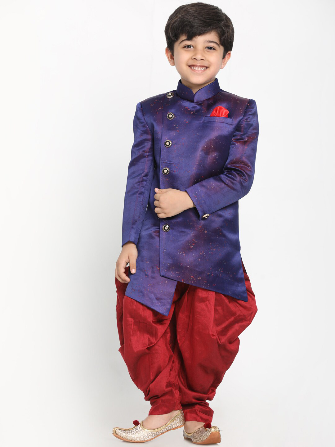 JBN Creation Boys Blue & Maroon Solid Sherwani Set