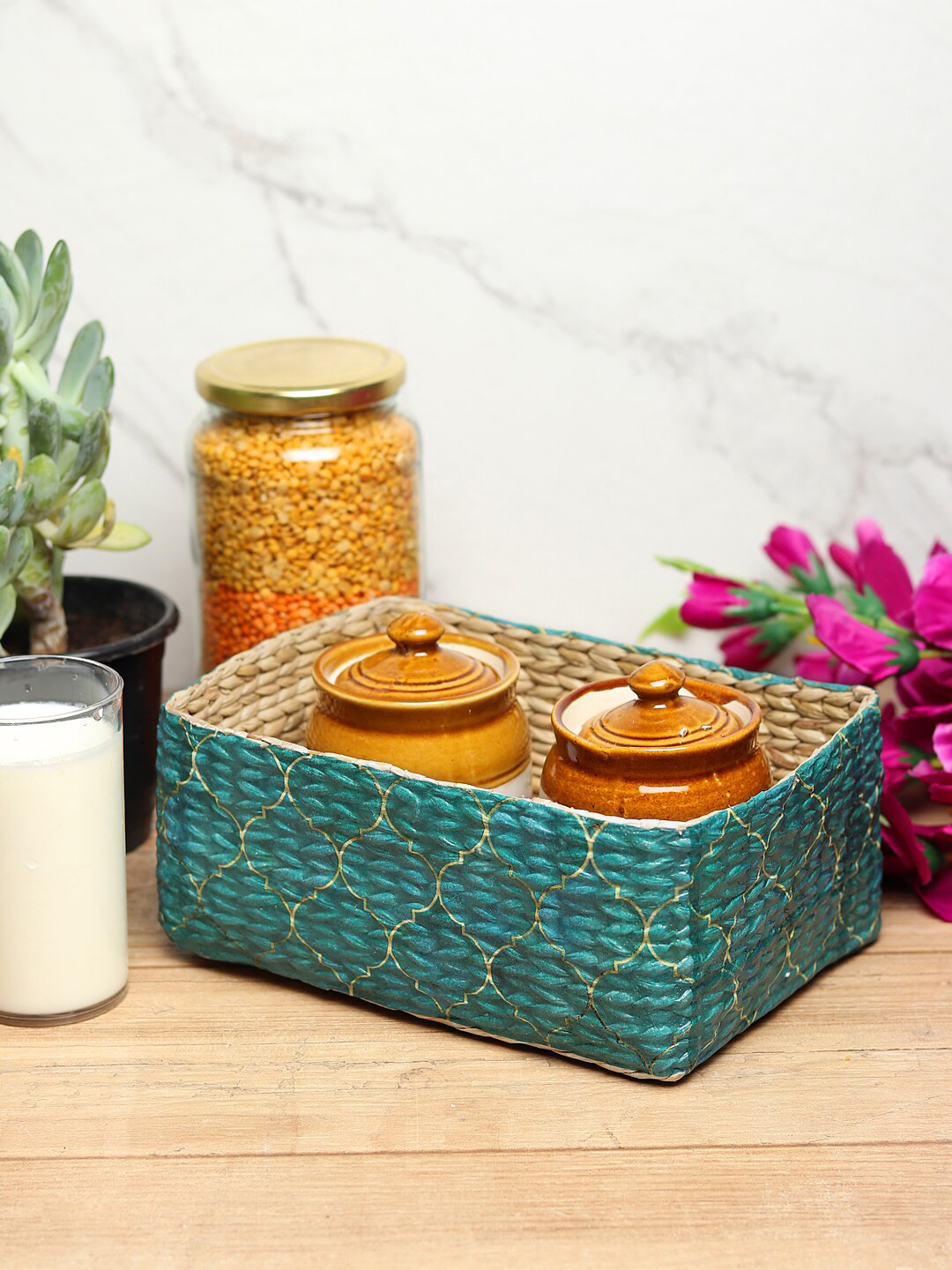 Habere India Teal Blue Kouna Grass Decoupage Tray