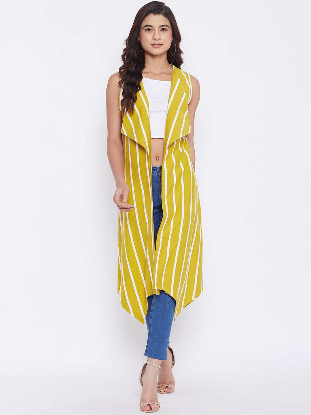 Hypernation Women Yellow & Off-White Striped Long Shrug