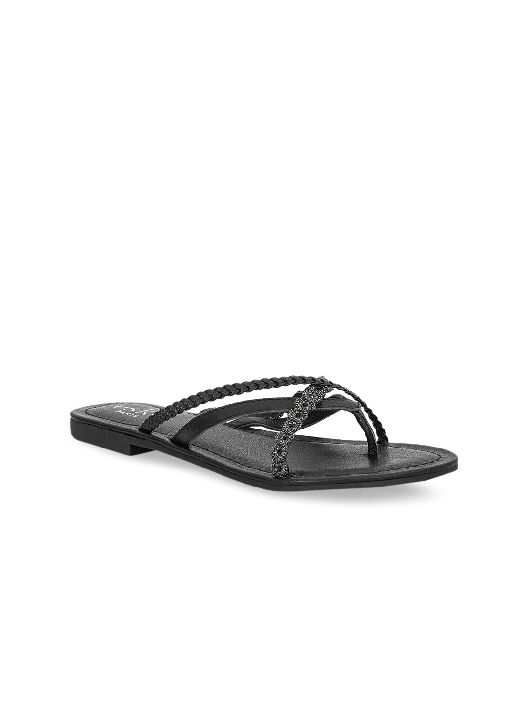 Eske Women Black Embellished Leather Open Toe Flats