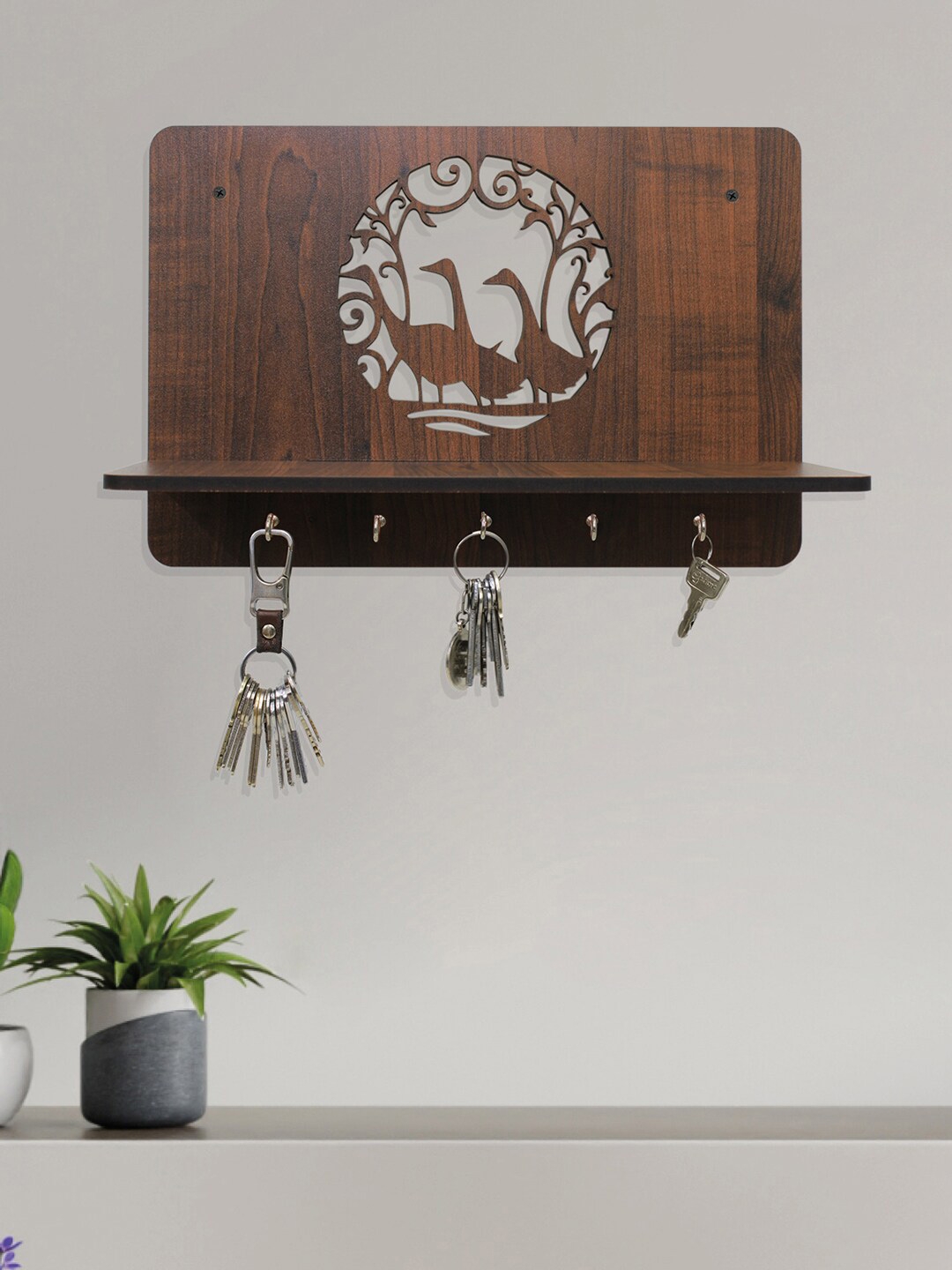 RANDOM Brown Textured MDF Wooden Wall Shelf with Key Holders