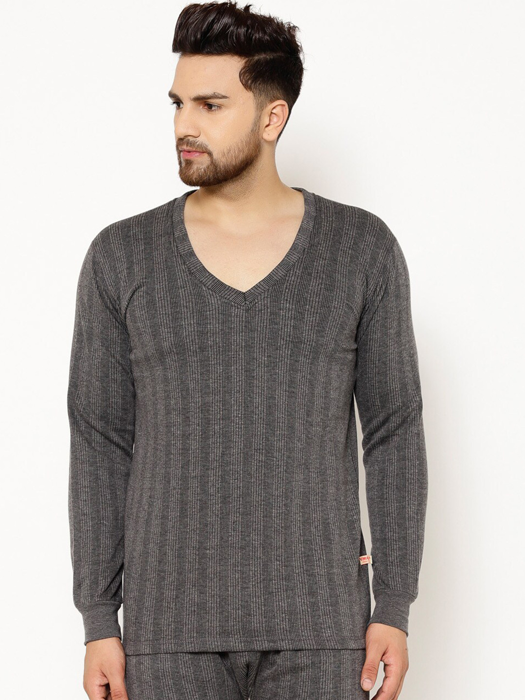 MACK JONNEY Men Grey Striped Thermal T-shirt