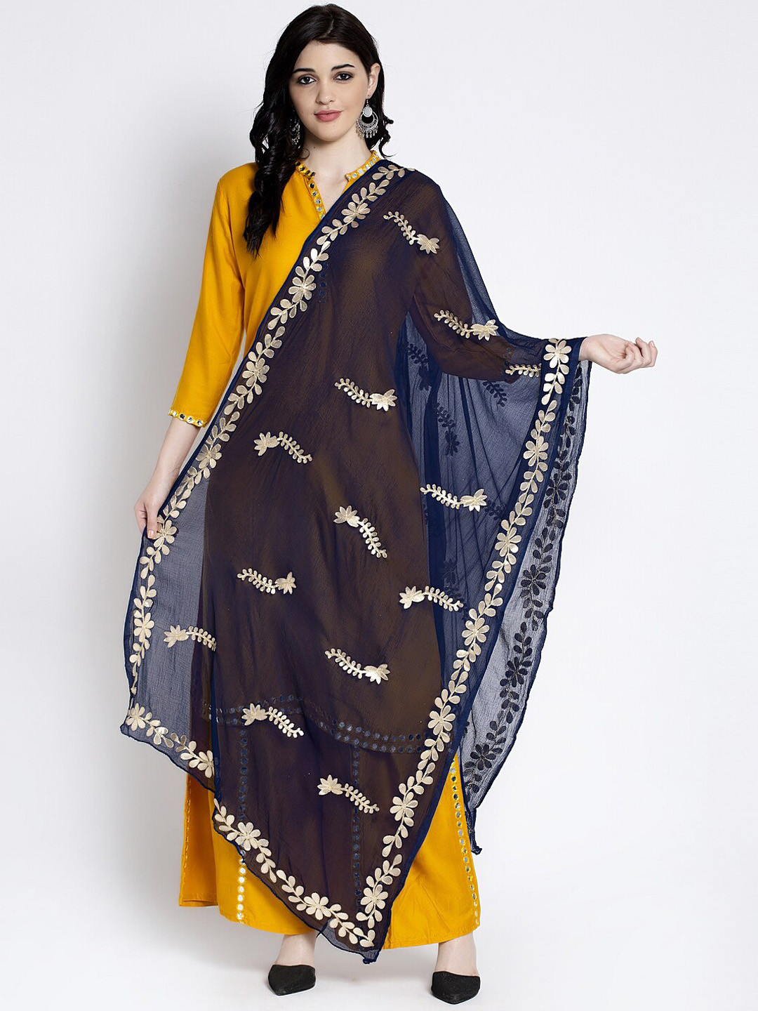 Clora Creation Women Navy Blue Solid Gotta Patti Dupatta
