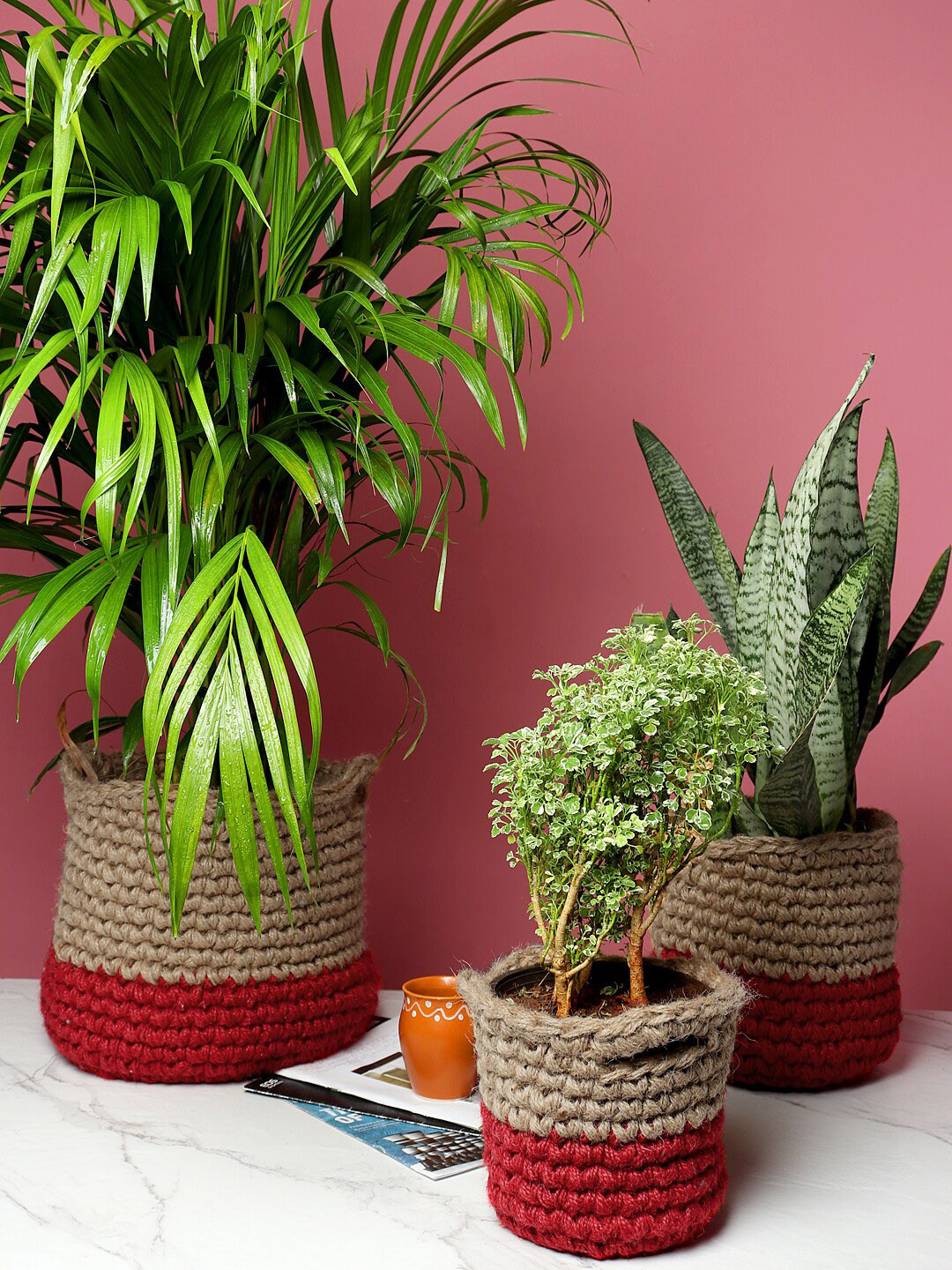 HABERE INDIA Set of 3 Red & Beige Handmade Sustainable Planters