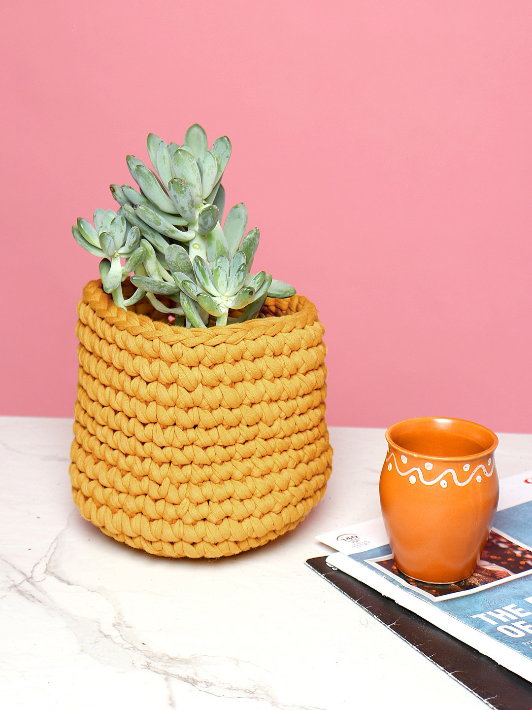 HABERE INDIA Yellow Woven Cotton Rope Planter