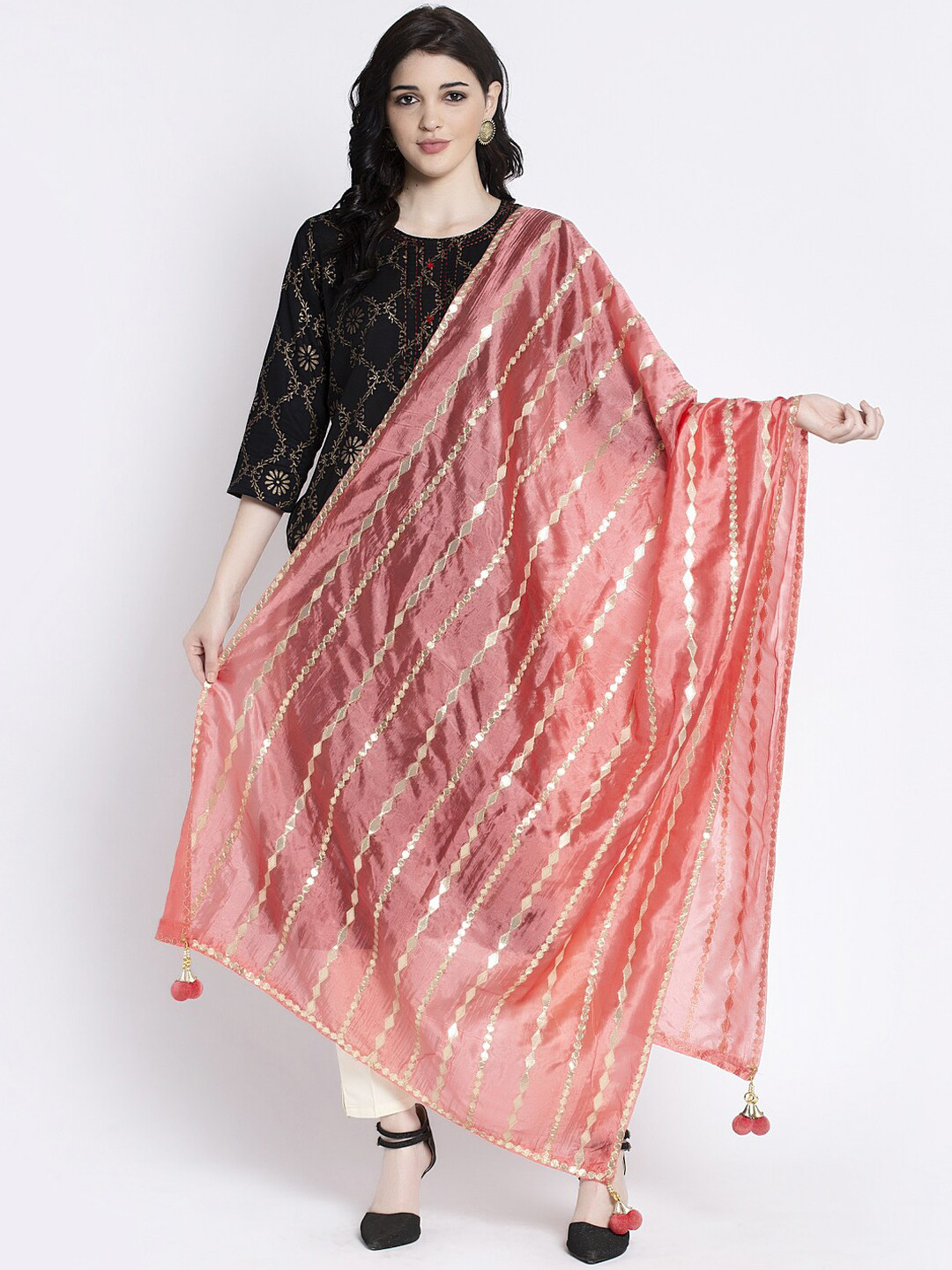 Clora Creation Women Peach-Coloured & Gold-Coloured Striped Gotta Patti Dupatta