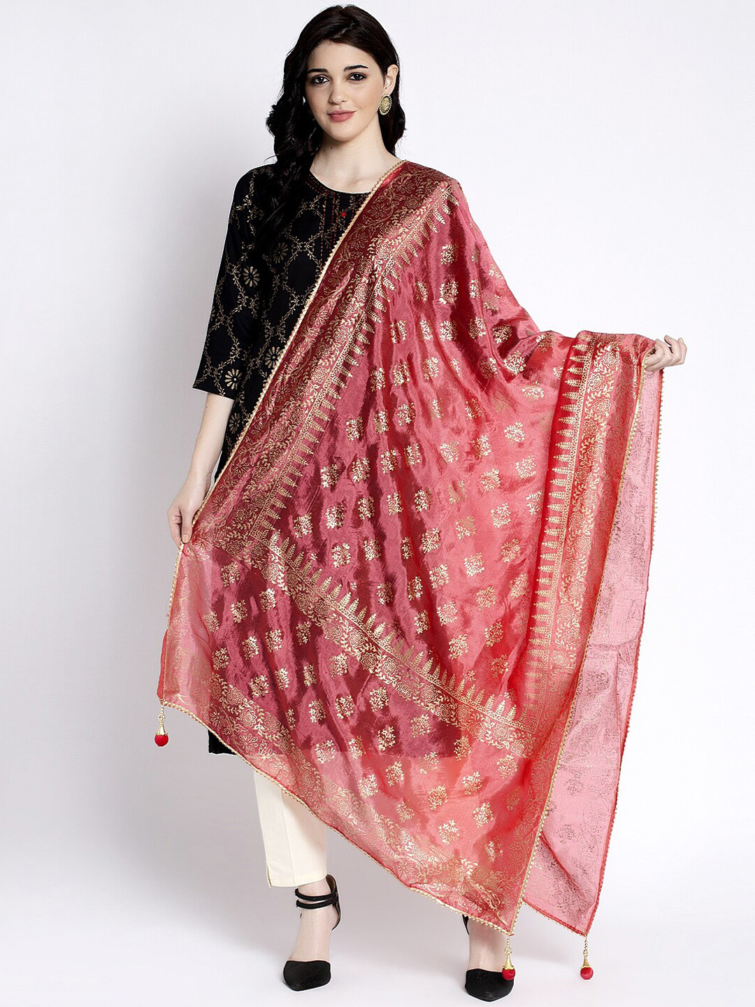 Clora Creation Red & Gold-Colored Printed Silk Dupatta