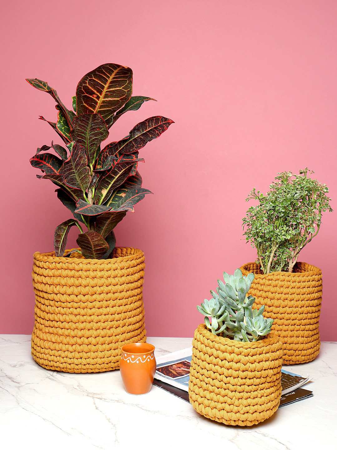 HABERE INDIA Set Of 3 Yellow Woven-Design Rope Planter