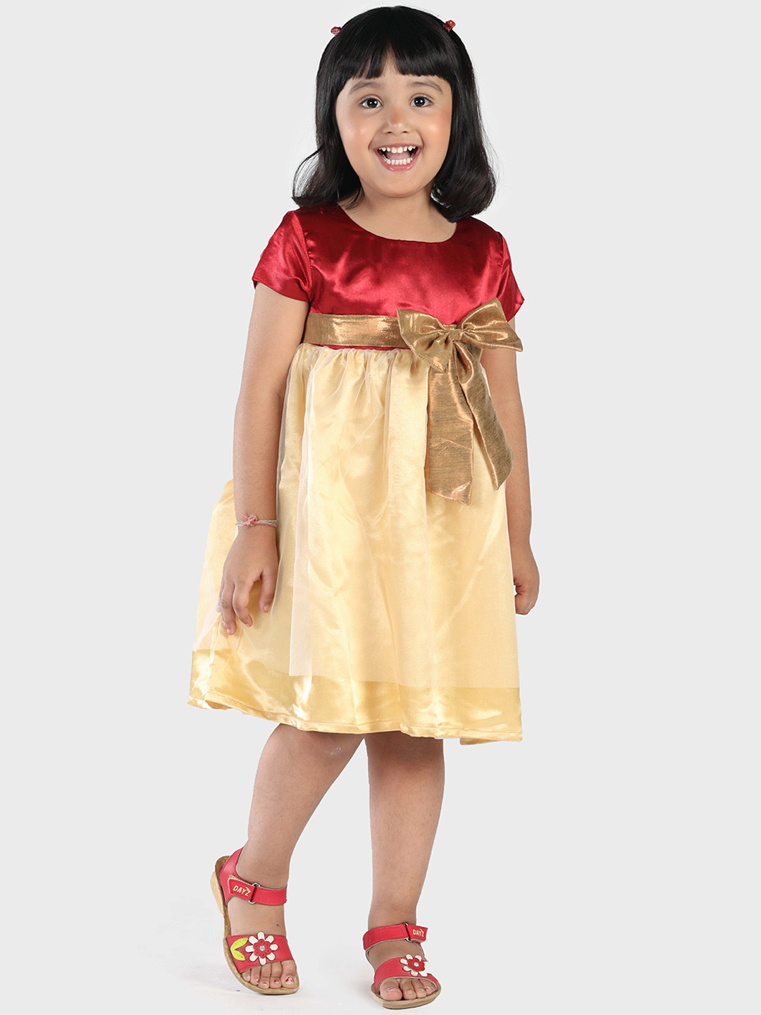 MANY FROCKS & Girls Red & Cream-Colourblocked A-Line Dress