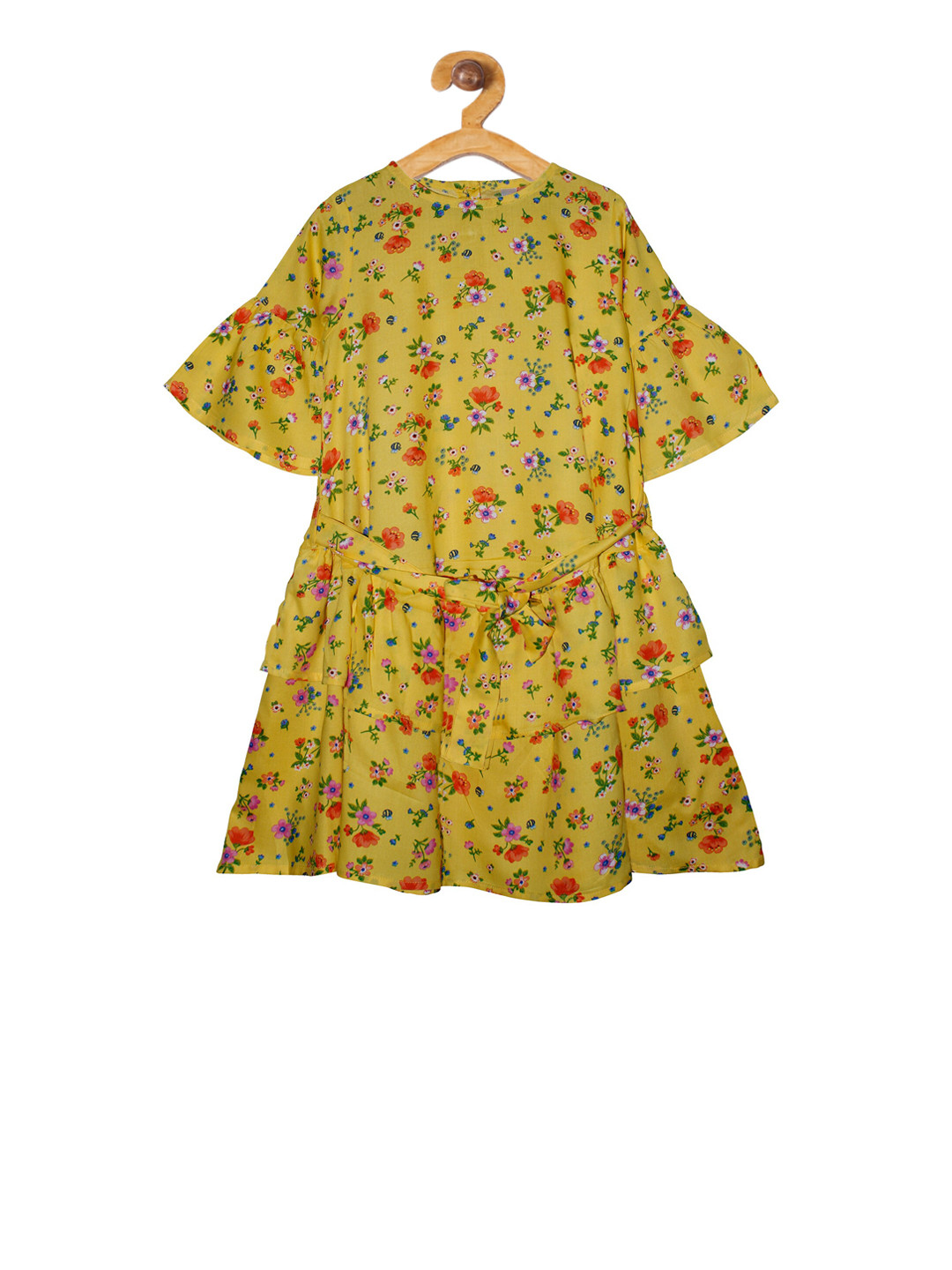 KiddoPanti Girls Yellow Printed A-Line Dress