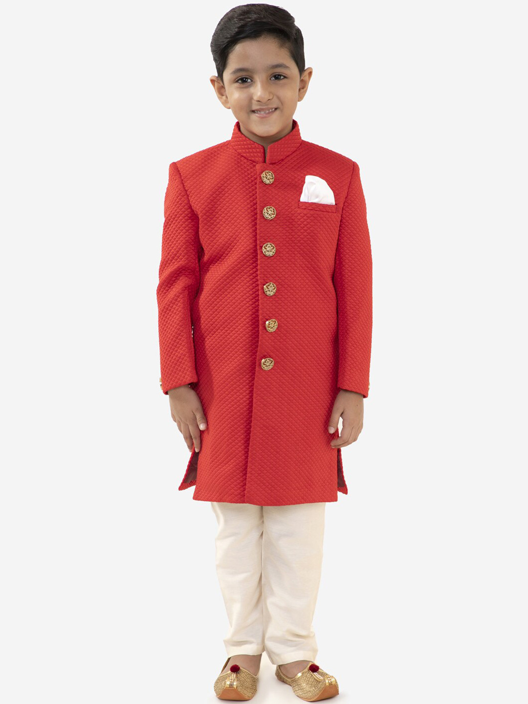 Jbn Creation Boys Red & White Quilted Sherwani Set
