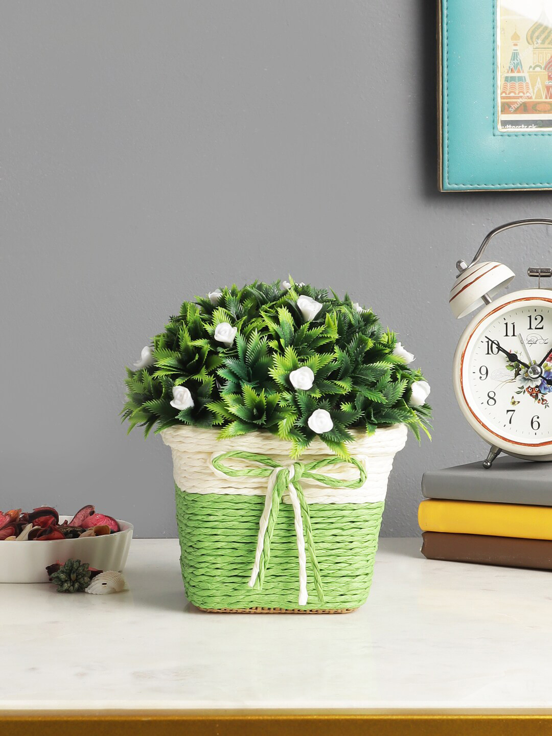 FOLIYAJ Green & White Artificial Thorny Leaves & Small Flowers Plant With Pot